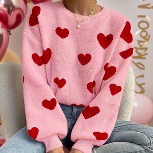 Casual Women's Baby Pink Long Sleeve Heart Pattern Sweater